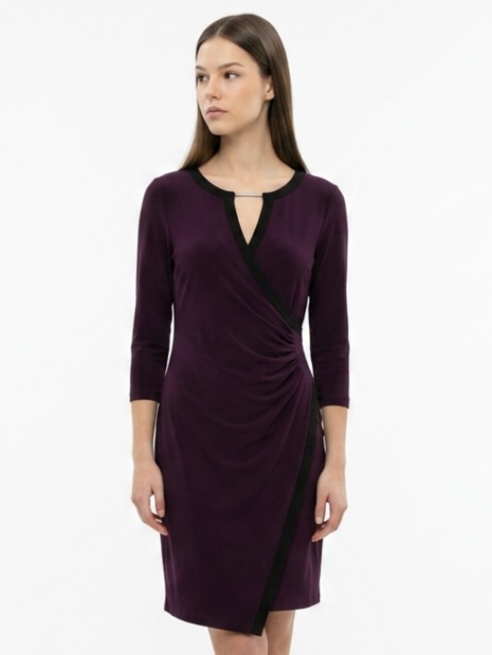 Calvin Klein Deep Plum Long-Sleeve Faux-Wrap Dress with Black Trim